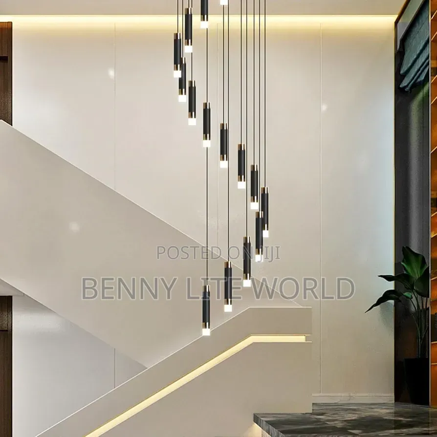 Modern Led Staircase Pendant Light Featuring a Black and Gold
