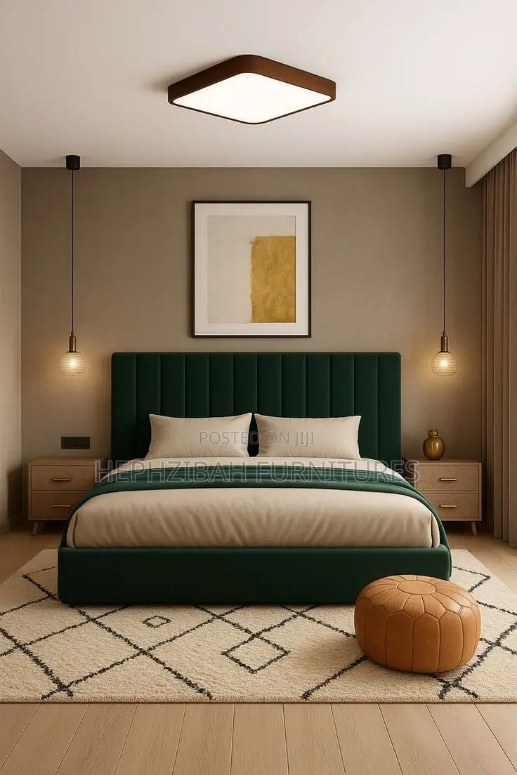 6 X 6 Army Green Upholstered Bedframe With Bedside Drawers
