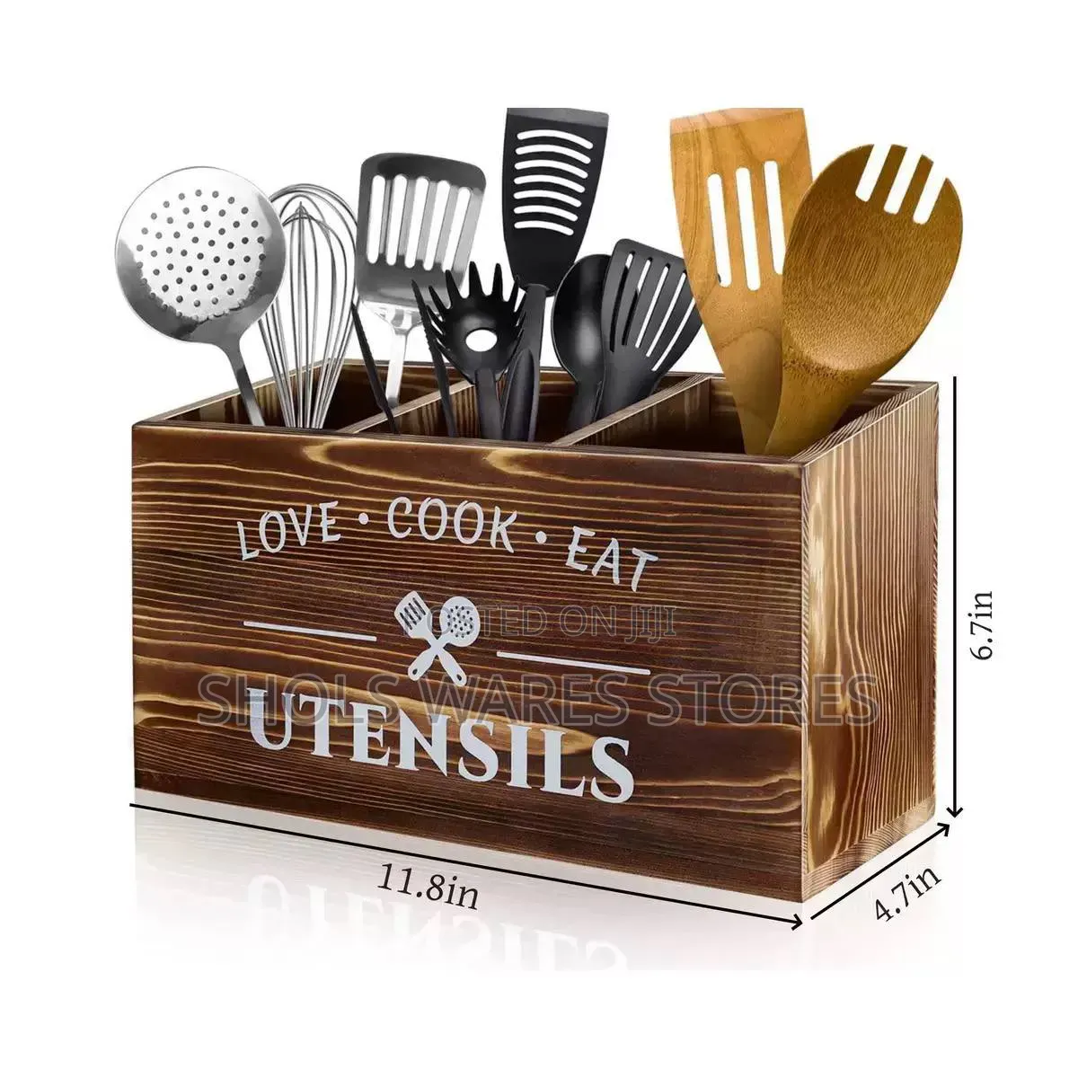 Rustic Wooden Kitchen Utensil Holder - 3 Compartment Organizer