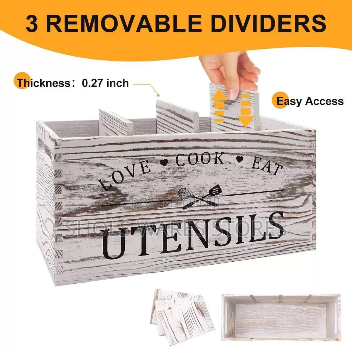 Rustic Wooden Kitchen Utensil Holder - 3 Compartment Organizer