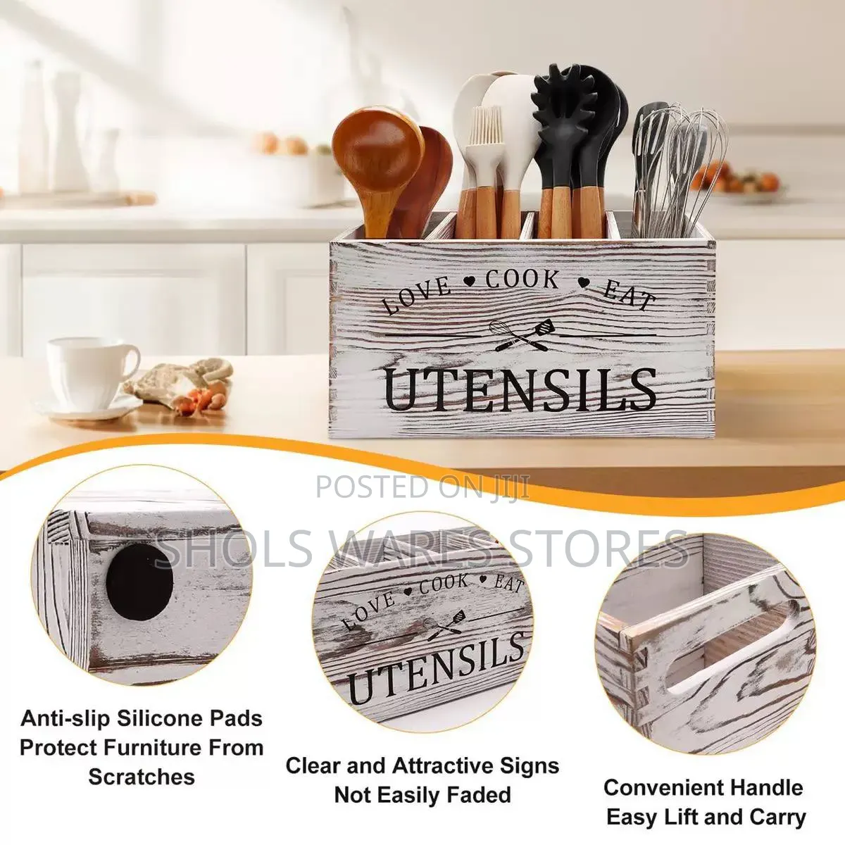 Rustic Wooden Kitchen Utensil Holder - 3 Compartment Organizer