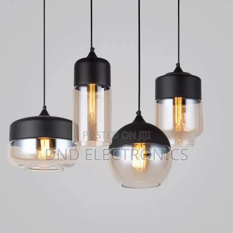 Set of 4 Modern Industrial Glass Pendant Lights Black Top Edison Bulb