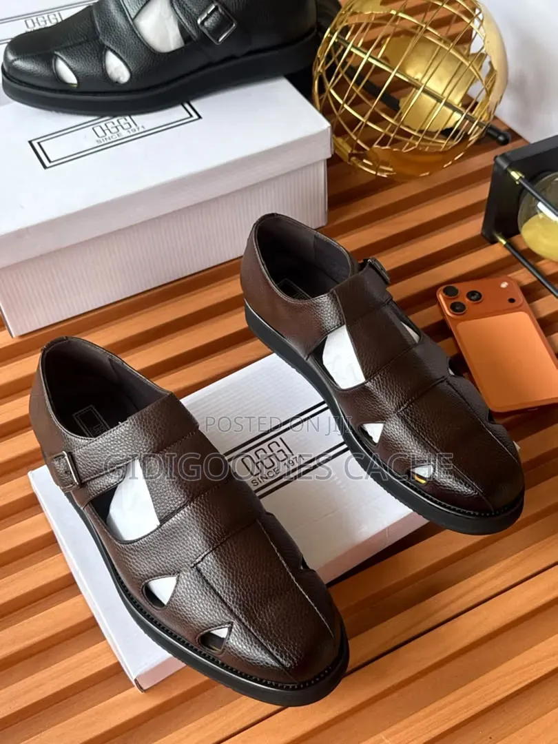 Men's Leather Cut-Out Sandals – Brown Black Size 40-46