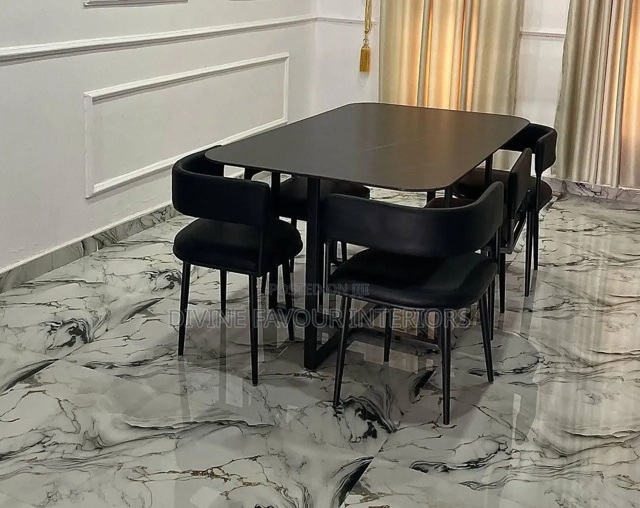 Marble Top Dining Table With 6 Chairs - Black