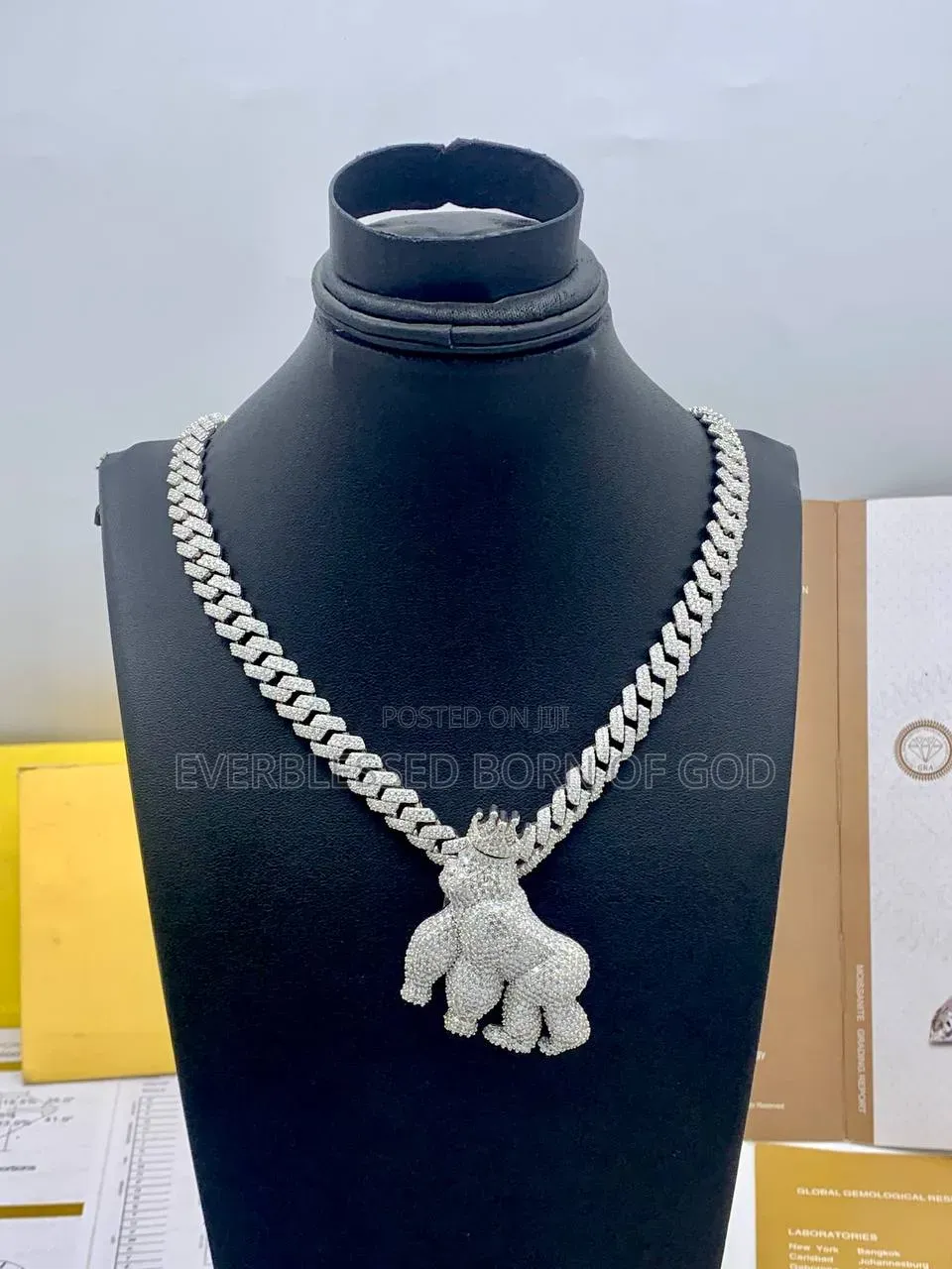 Diamond Big Gorilla Pendant With Crown on Cuban Necklace Bracelet