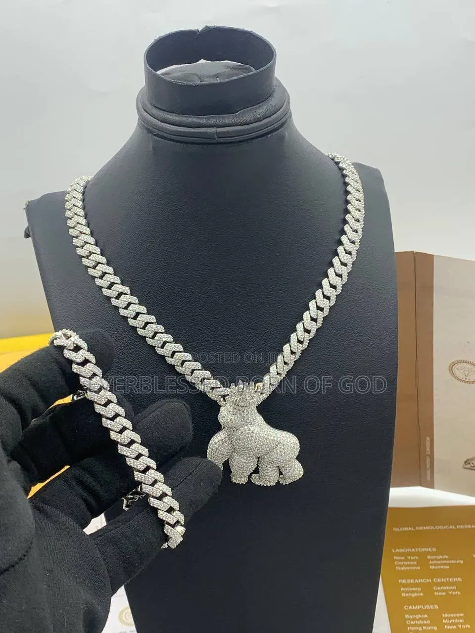 Diamond Big Gorilla Pendant With Crown on Cuban Necklace Bracelet