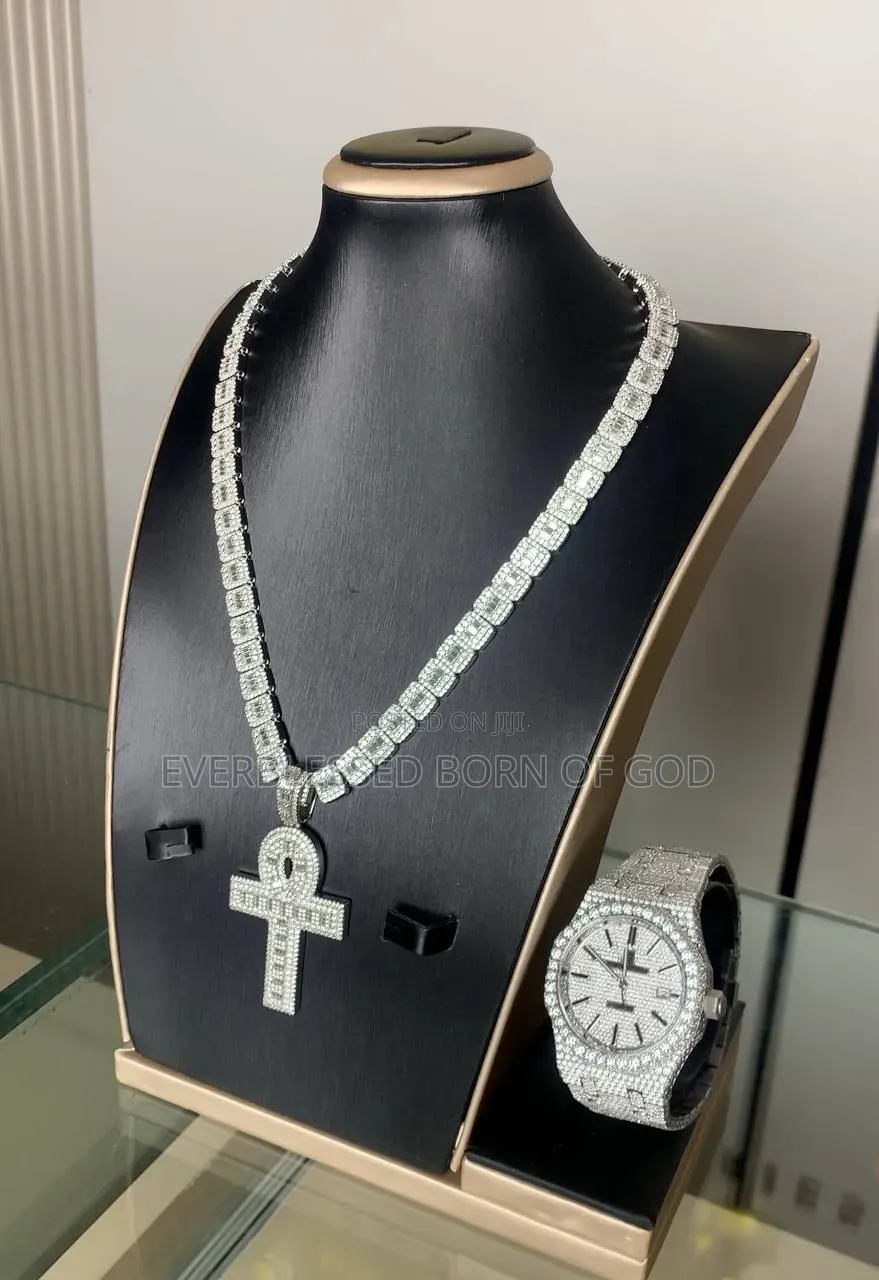 Diamond Cuban Chain With Full Ice Cross Pendant With Ap Watch Combo