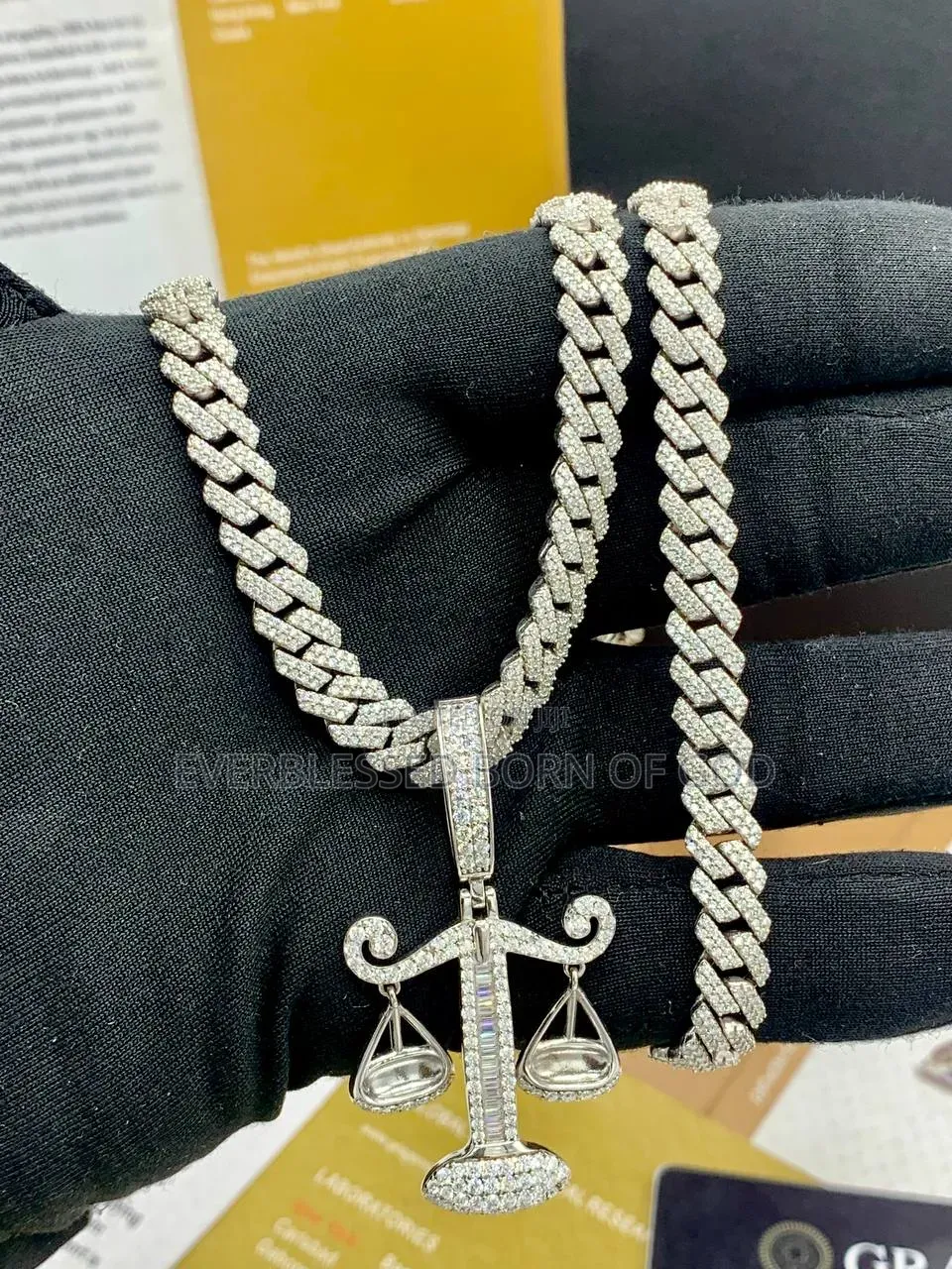 VSS Moissanite Diamond Justice Scale Pendant With Cuban Neck Chain