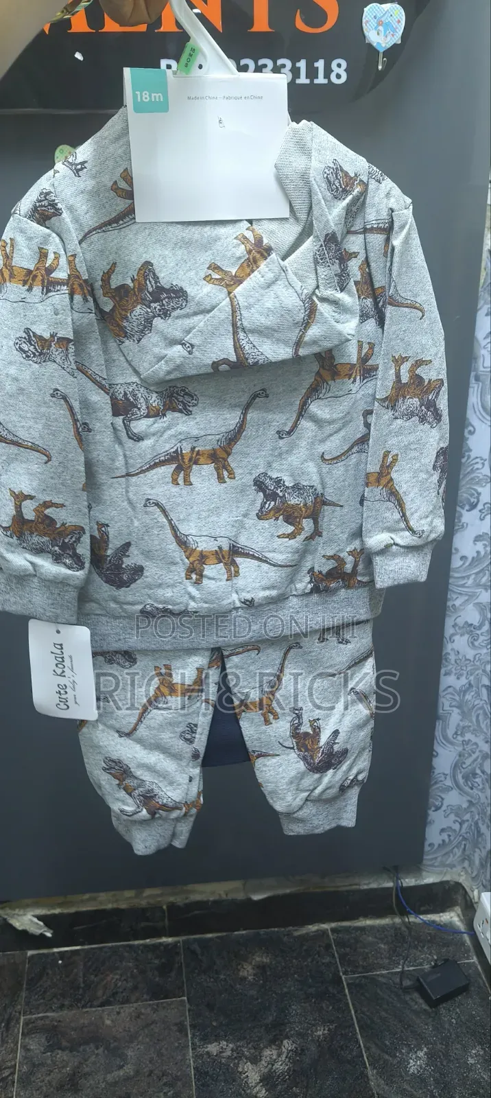 Cute Koala 3-Piece Dinosaur Zip-Up Hoodie, Joggers, Bodysuit Set