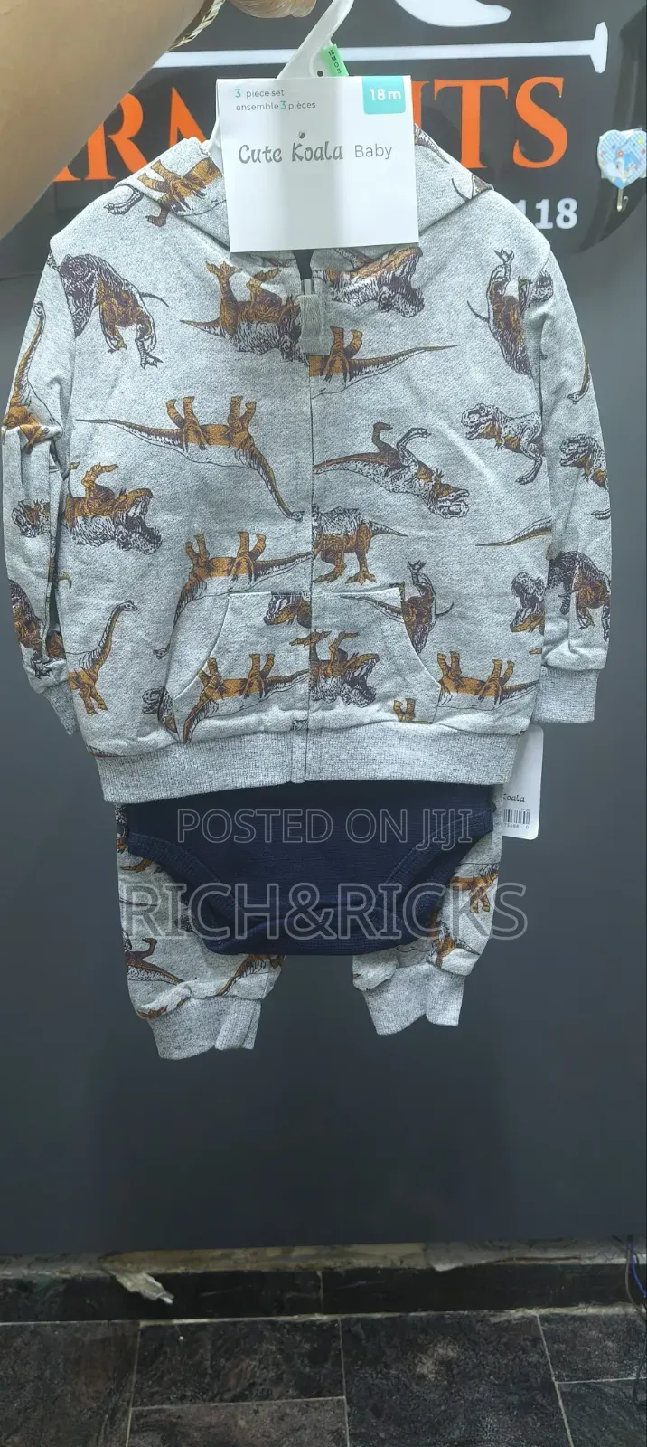 Cute Koala 3-Piece Dinosaur Zip-Up Hoodie, Joggers, Bodysuit Set