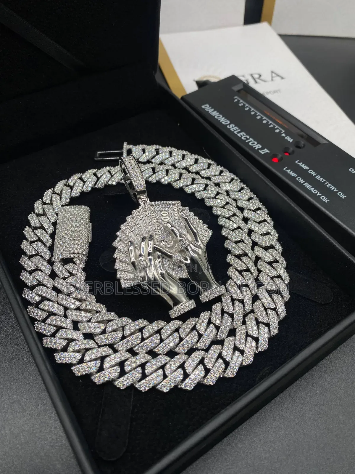 VSS Moissanite Diamond Cuban Neck Chain With Dollar in Hand Pendant