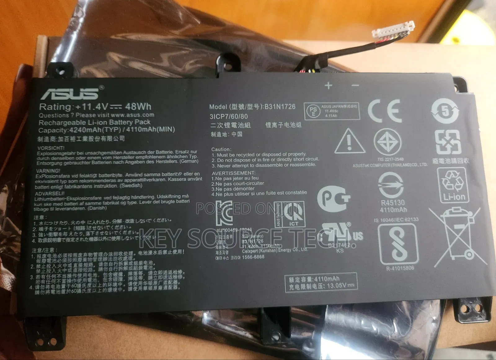 B31n1726 Long Cable Battery For Rog Strix Fx531 Fx531gt G512li G531gd