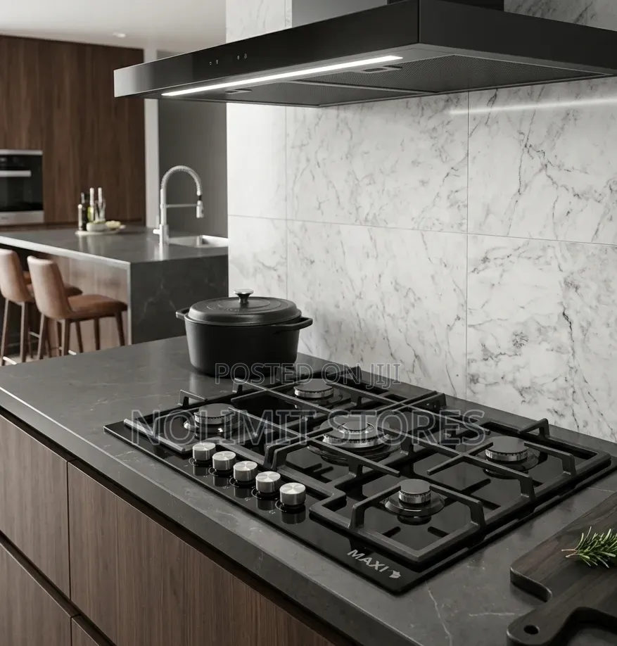 Maxi Tabletop Gas Cooker 5 Burners (Ed045) Black Glass Edge Model