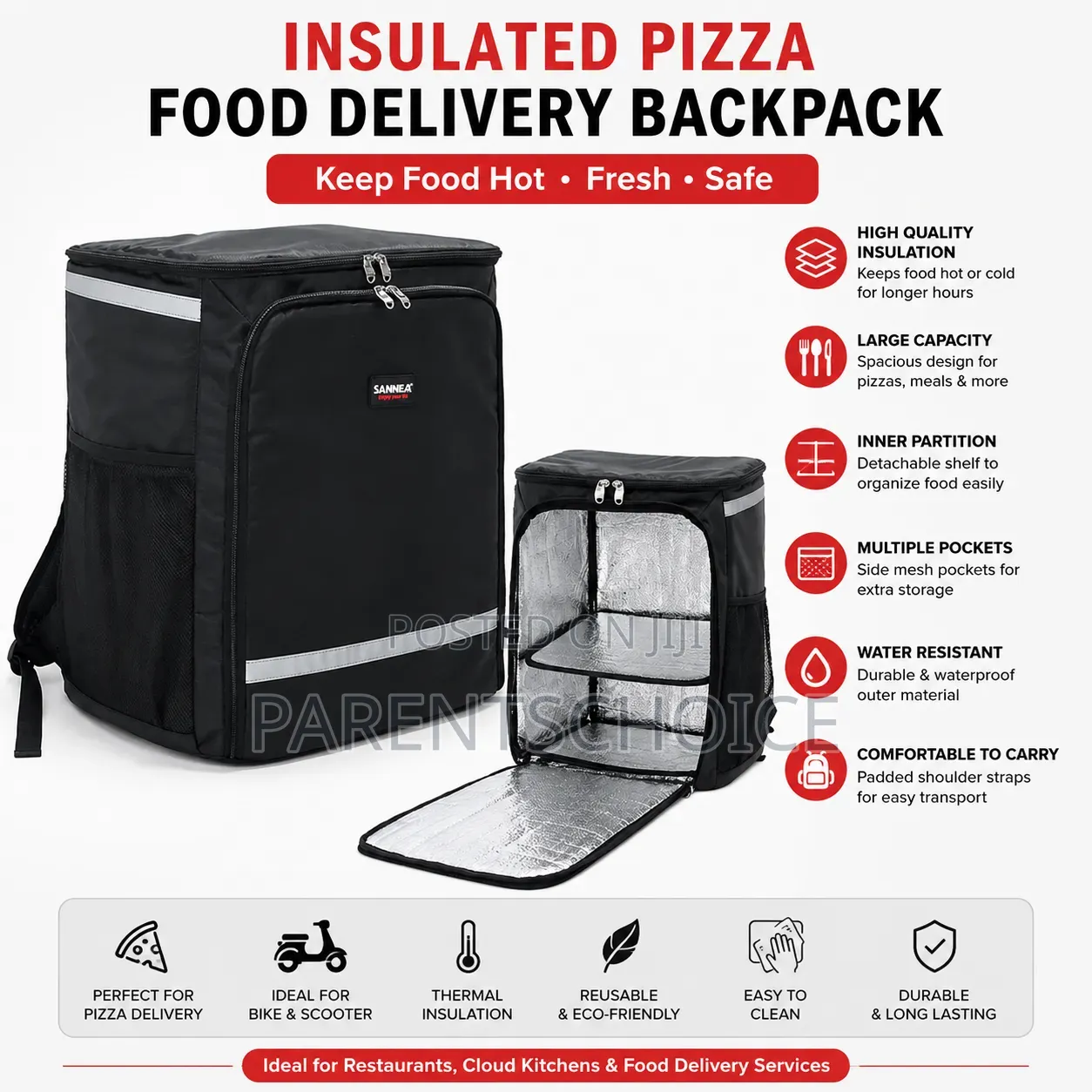 Insulated Pizza Food Delivery Backpack And Cooler Bag– 57.4l Capacity