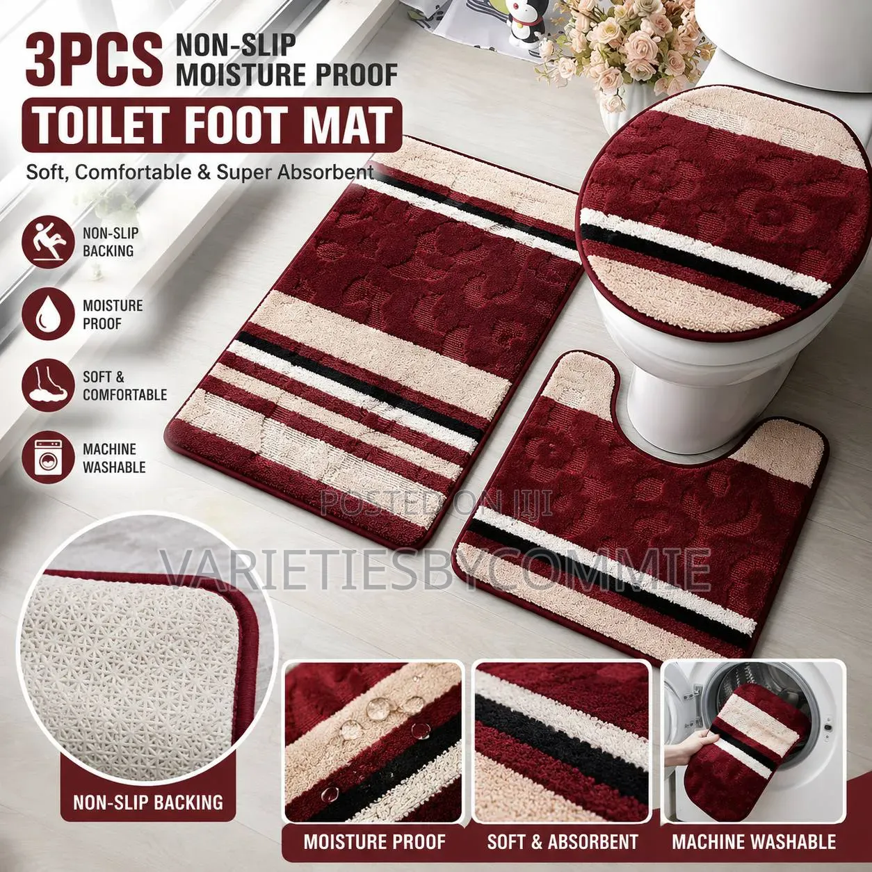 3pcs Non-Slip Moisture Proof Toilet Foot Mat