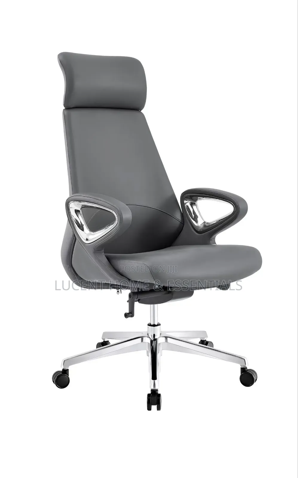 Luxury Grey Leather Executive Chair With Futuristic Metallic Armrests