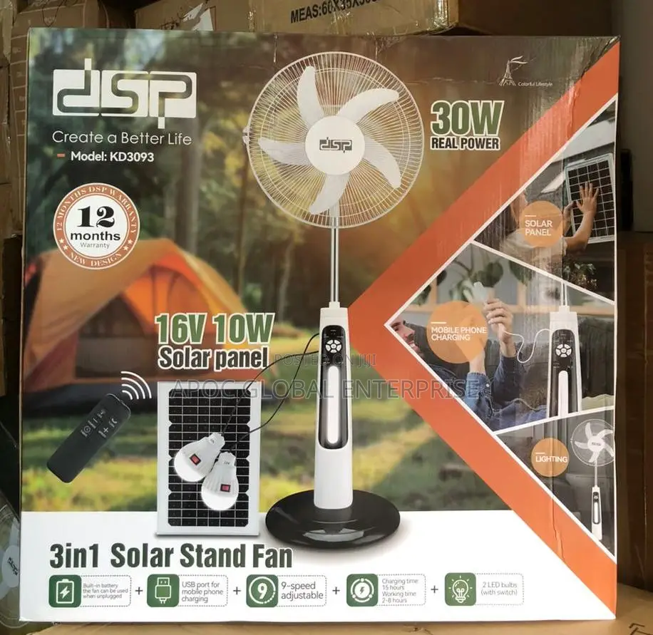 DSP 3-in-1 18-Inch Solar Stand Fan - 30w, 9-Speed, Usb Charging