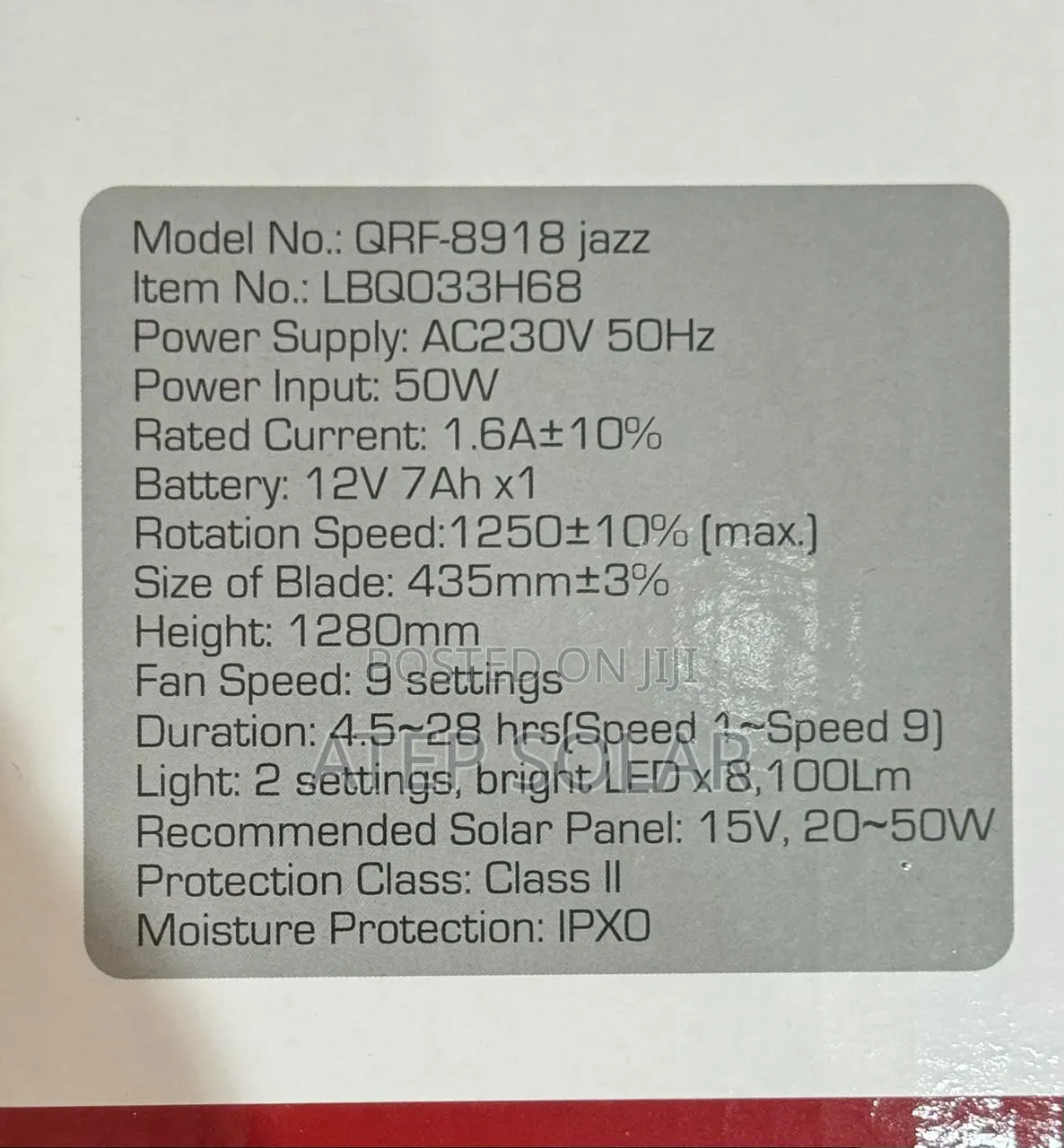 Qasa 18-Inch "Jazz" - Solar Rechargeable Fan