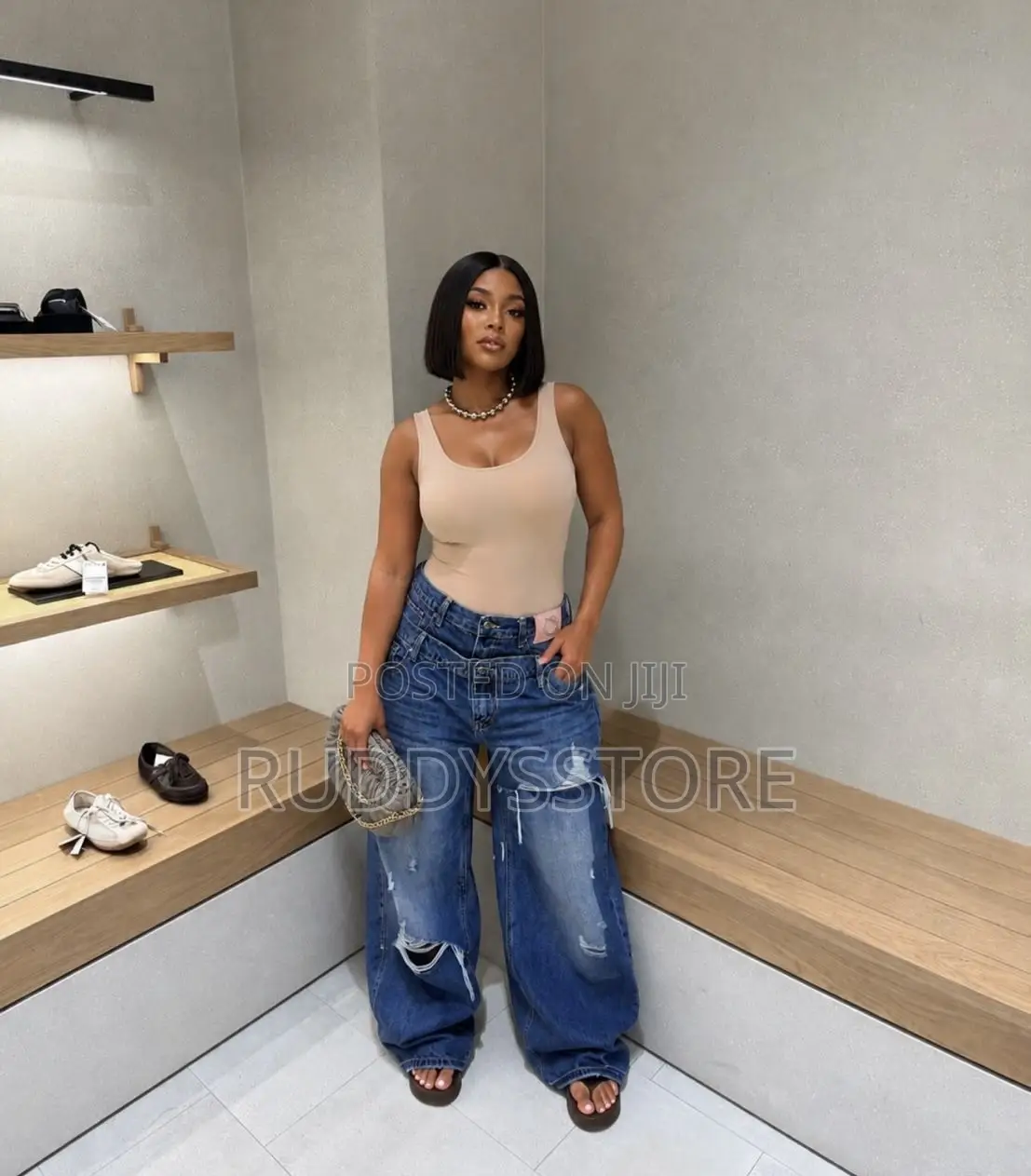 Edgy Double-Waist Ripped Barrel Jeans