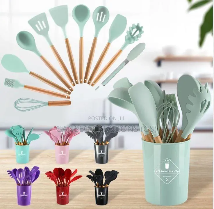 Premium 12piece Silicone Cooking Spoon Set With Big Storage Cup Holder