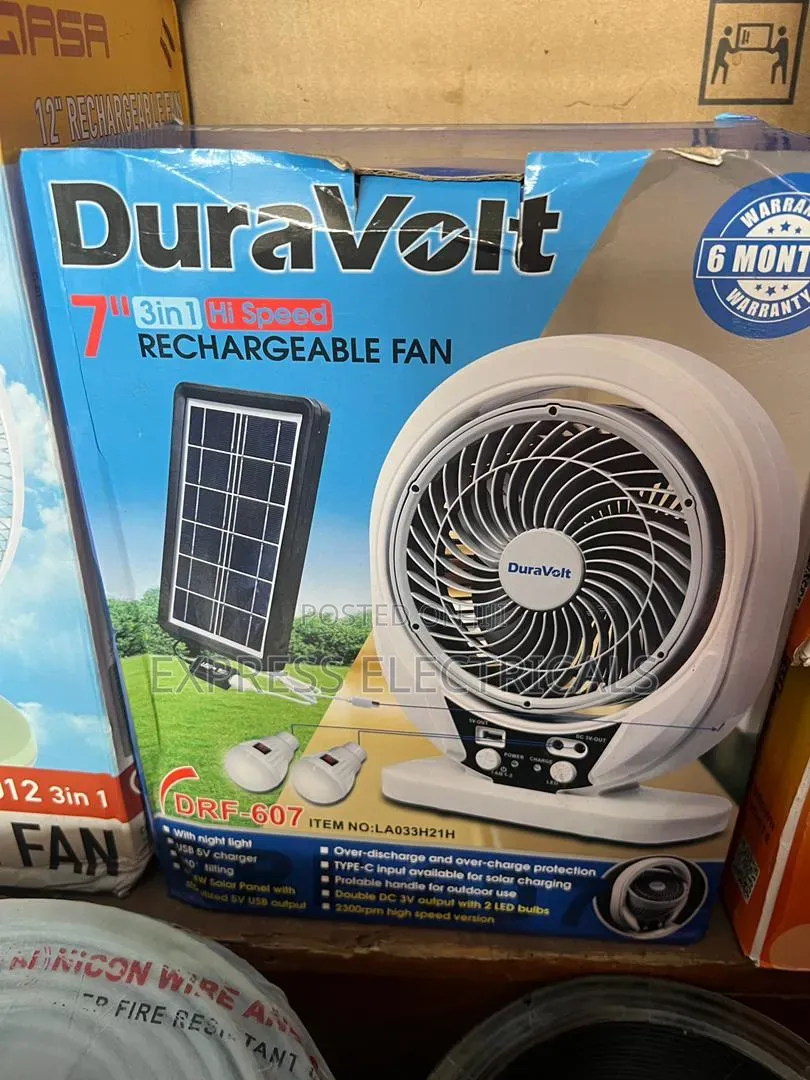 Duravolt 7" Rechargeable Fan + Solar + 2 Led 3 in 1