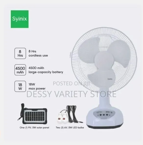 Syinix 12inches Rechargeable Fan + Solar Panel