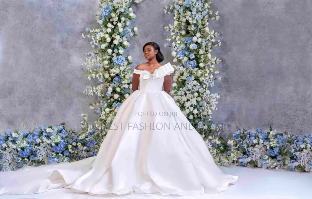 Ball Gown Silhouette, Off-Shoulder, Bow Detail, Chapel Length.