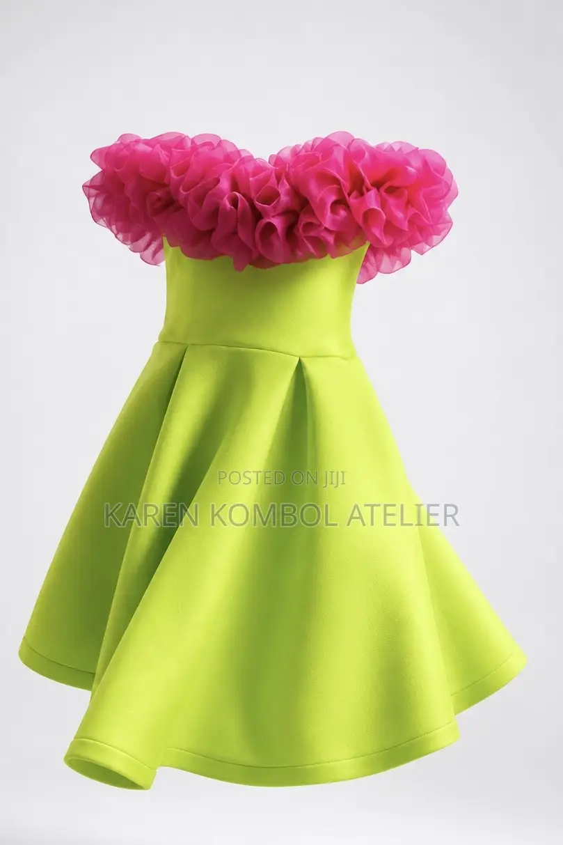 Lime Green Princess Dress With Pink Ruffle Details
