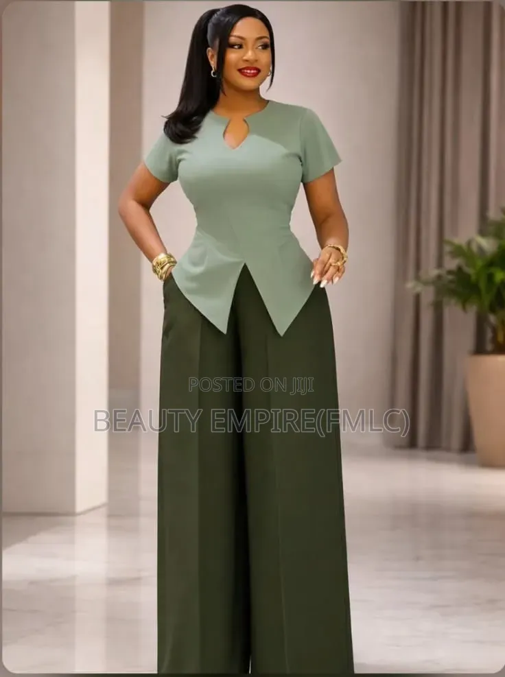 Keyhole Peplum Top High-Waist Wide-Leg Pants Set for Classy Ladies