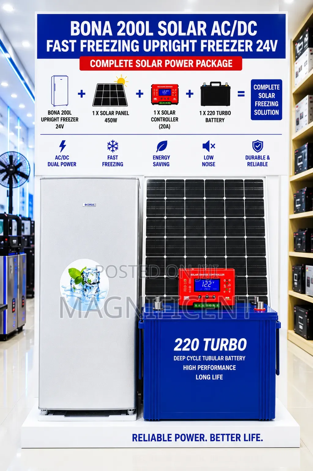 Bona 200l Solar Ac/Dc Upright Freezer With 450w Solar Panel, 20a Contr