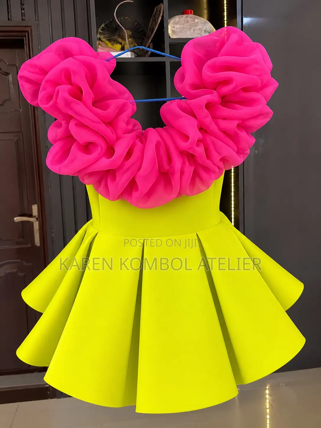 Lime Green Princess Dress With Pink Ruffle Details