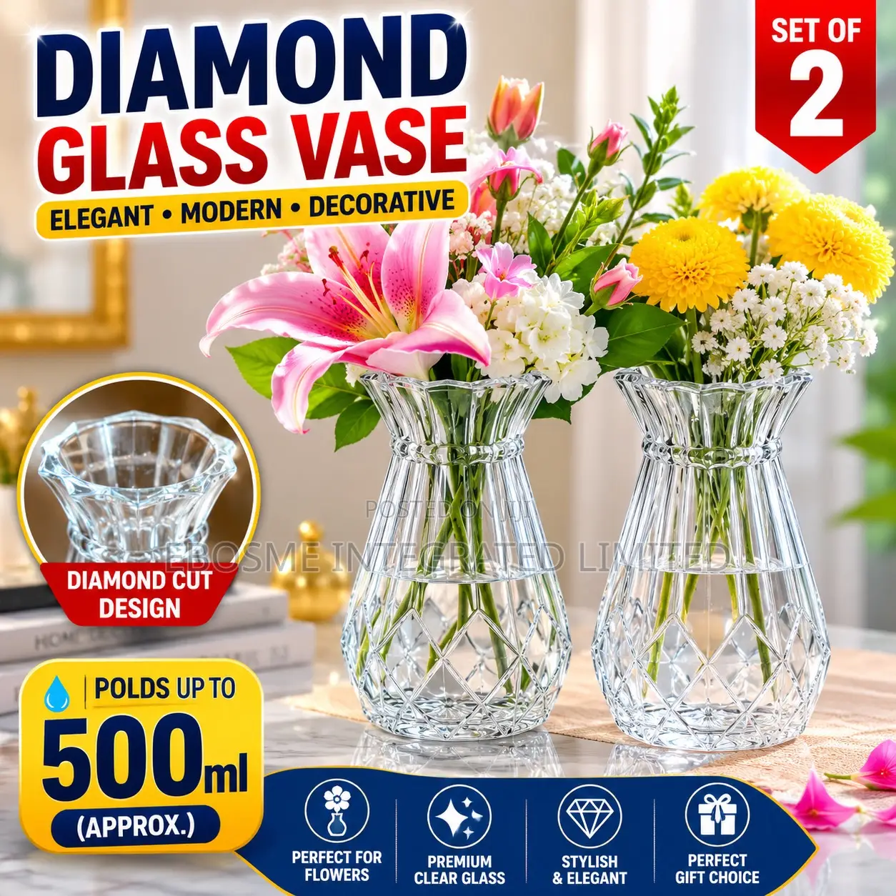 Diamond Glass Vase Set of 2 – Elegant Clear Decorative Flower Vases