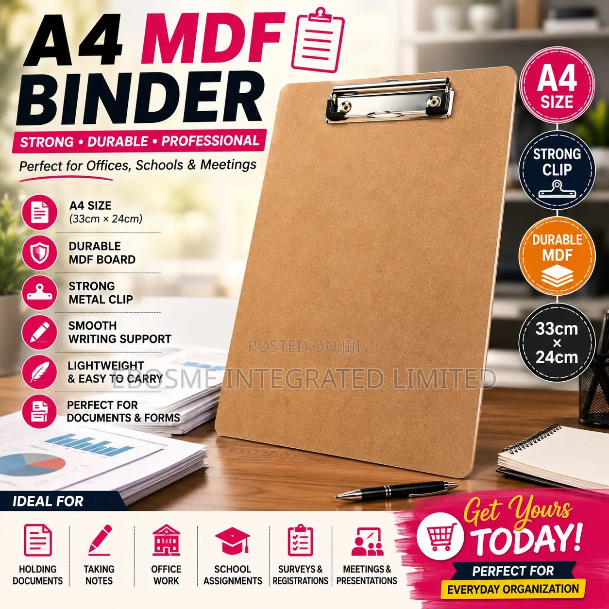 A4 MDF Clipboard Binder – Strong Wooden Writing Board With Metal Clip