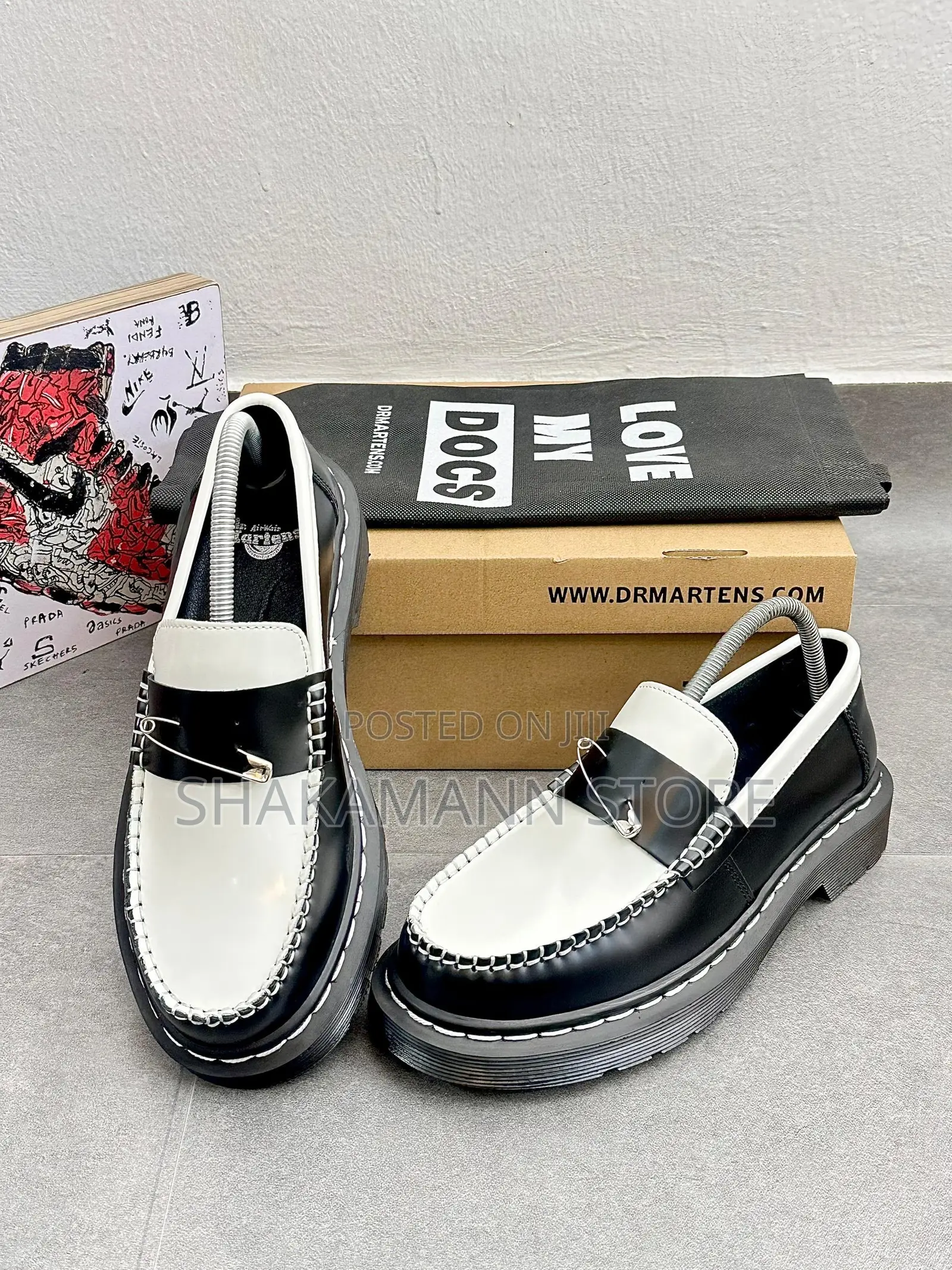 Original Dr Martens Pinned Penton Loafers Black/White Shoes for Men