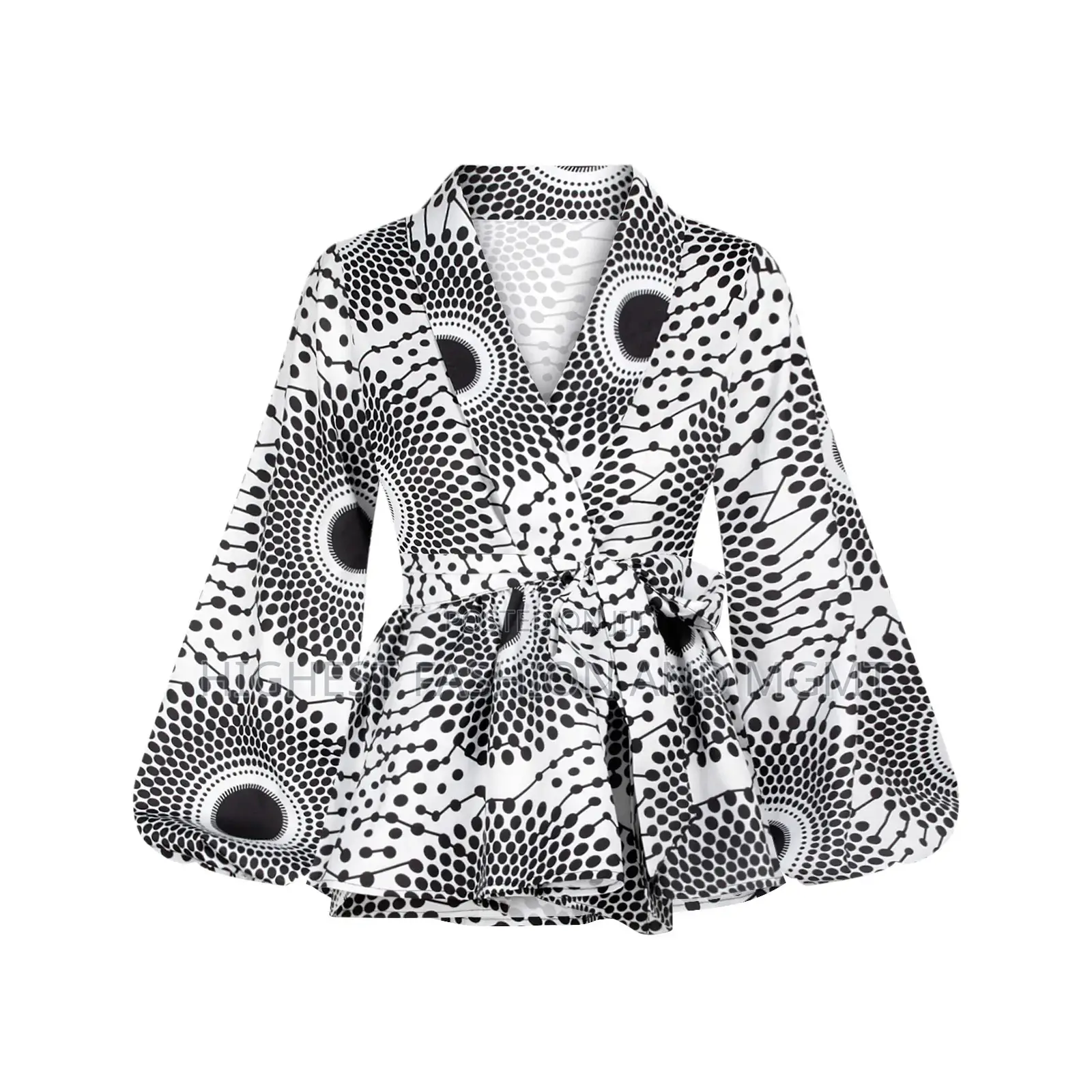 V-Neck Lantern Sleeve Top and Jacket Print Outfit