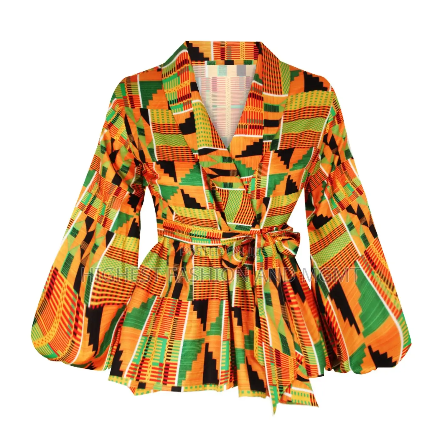 V-Neck Lantern Sleeve Top and Jacket Print Outfit