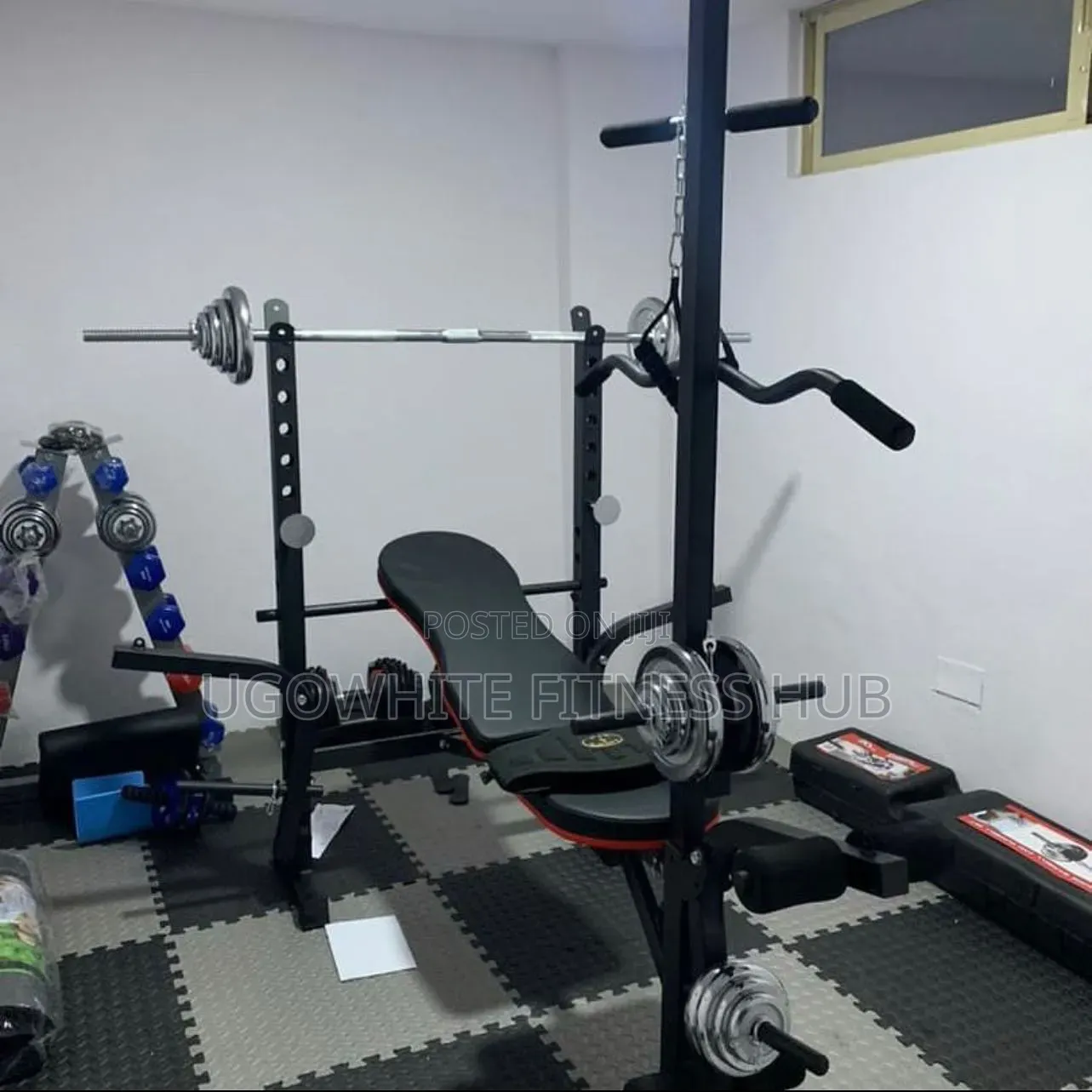 Multi-Function Weight Bench Set With a Black Frame and Red Accents