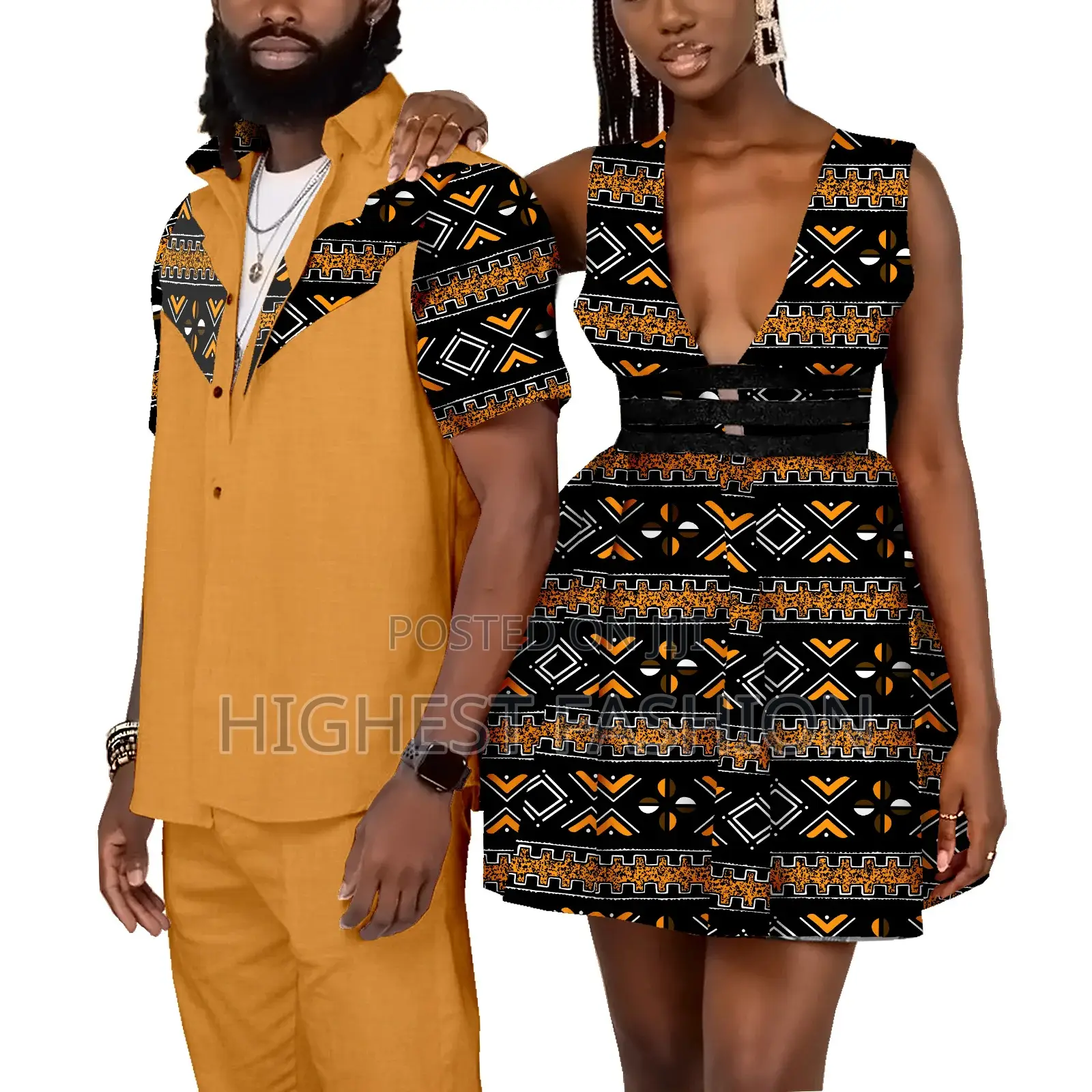 Ankara and Material Matching Short Sleeve Shirt and Gown for Couples