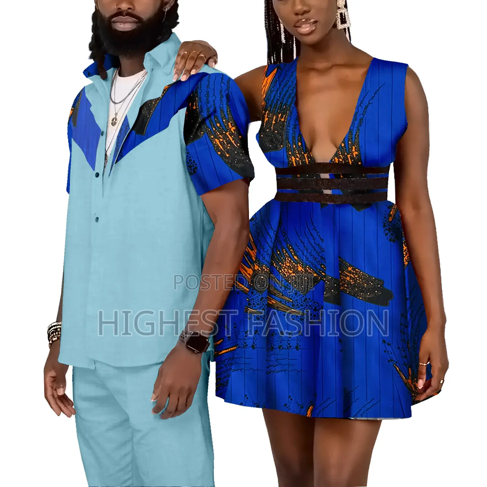 Ankara and Material Matching Short Sleeve Shirt and Gown for Couples