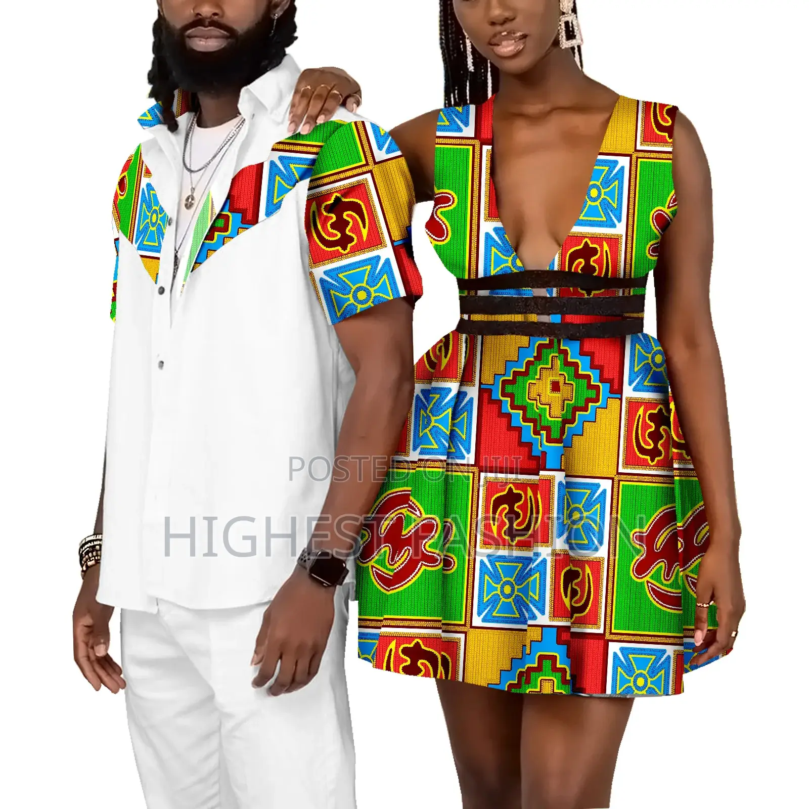 Ankara and Material Matching Short Sleeve Shirt and Gown for Couples