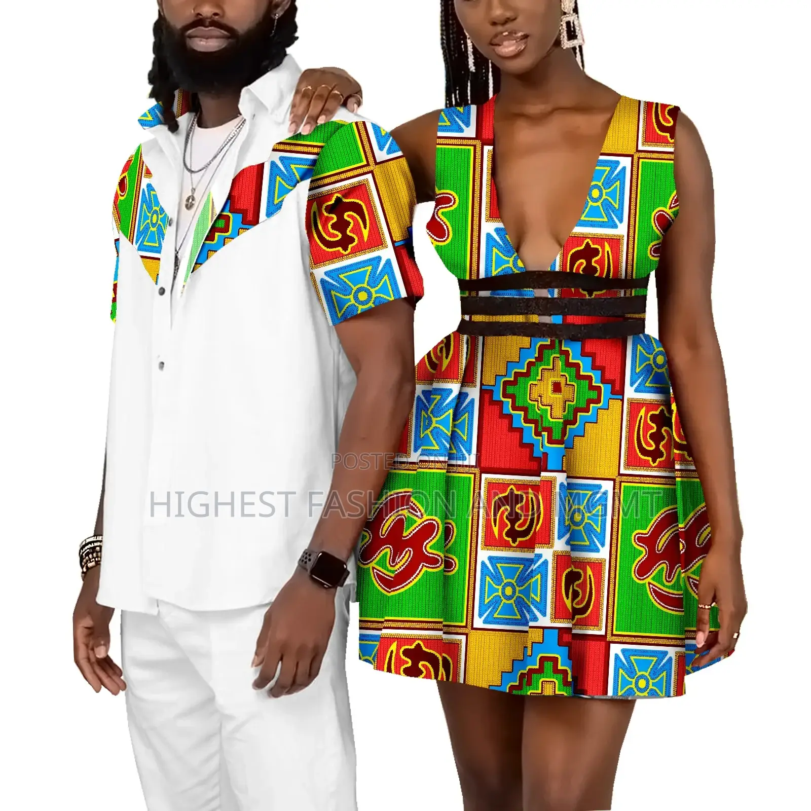 Ankara and Material Matching Short Sleeve Shirt and Gown for Couples