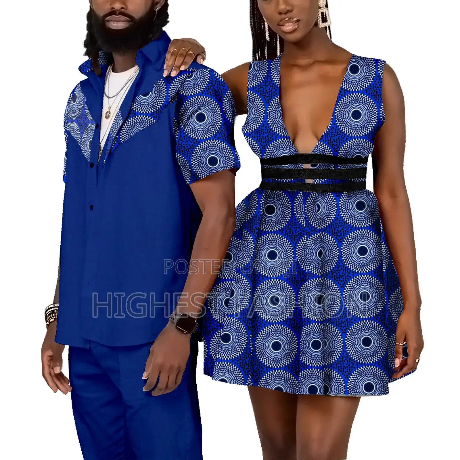 Ankara and Material Matching Short Sleeve Shirt and Gown for Couples