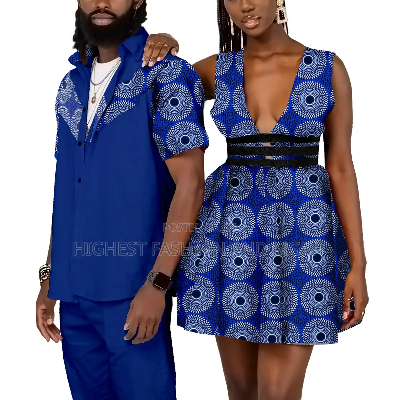 Ankara and Material Matching Short Sleeve Shirt and Gown for Couples