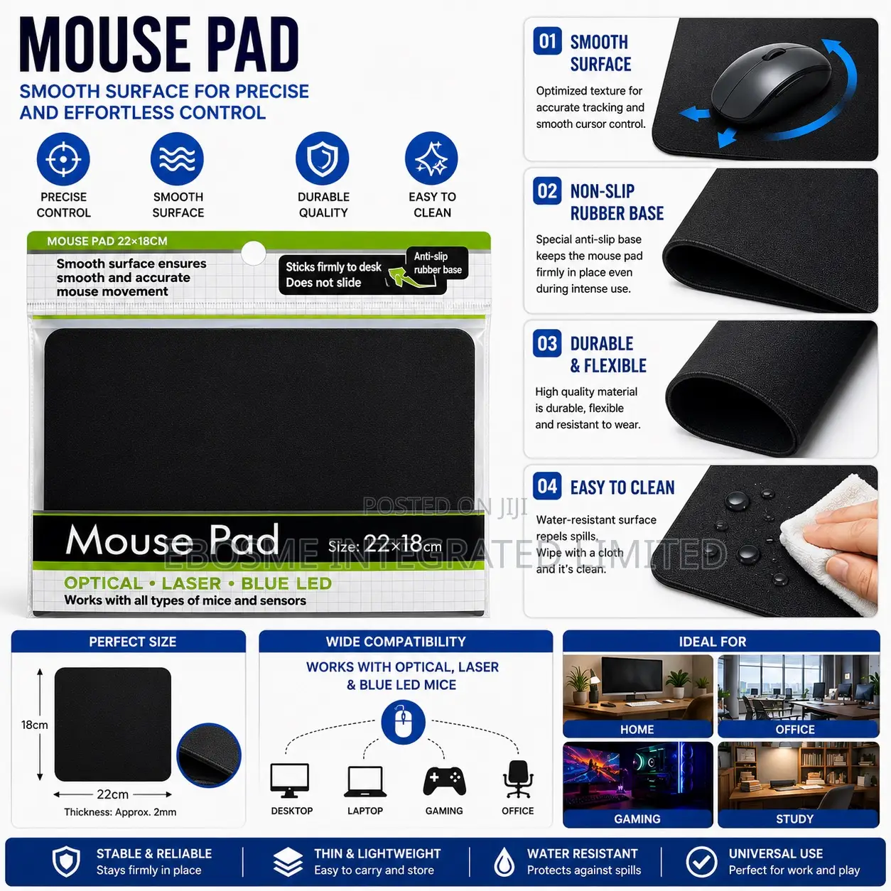 Mouse Pad 22 X 18cm – Smooth Surface Anti-Slip Mouse Mat