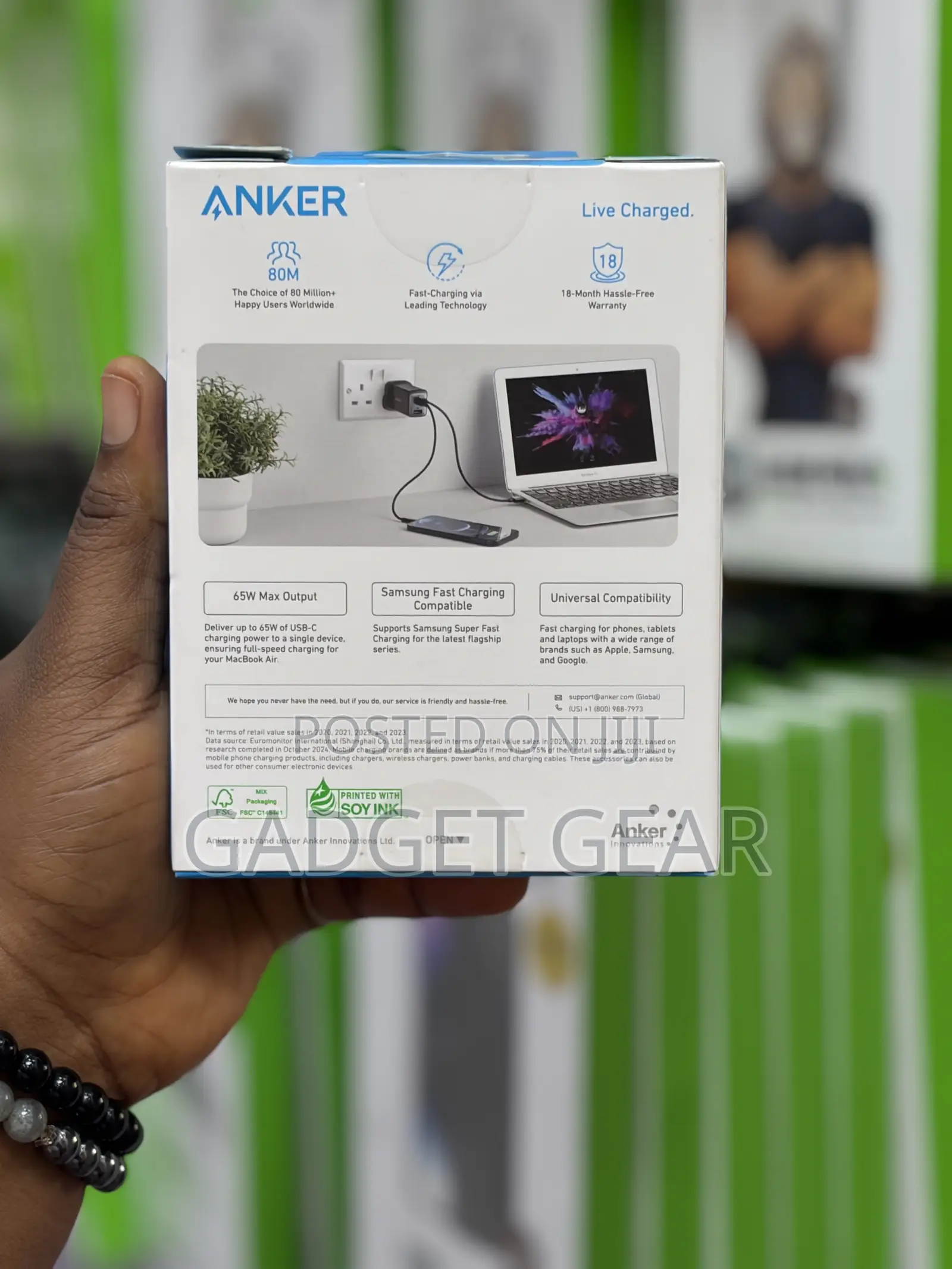 Original Anker 65w 3-in-1 Fast Charger (2 Usb-C + 1 Usb-A) Gan Charger