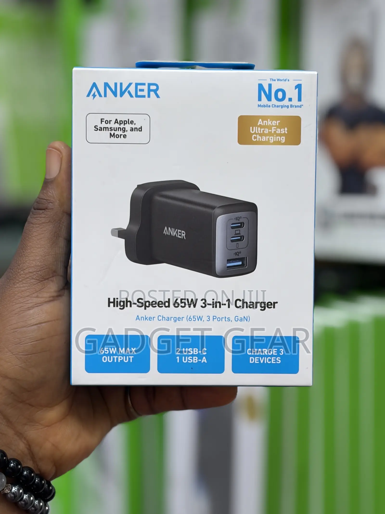 Original Anker 65w 3-in-1 Fast Charger (2 Usb-C + 1 Usb-A) Gan Charger
