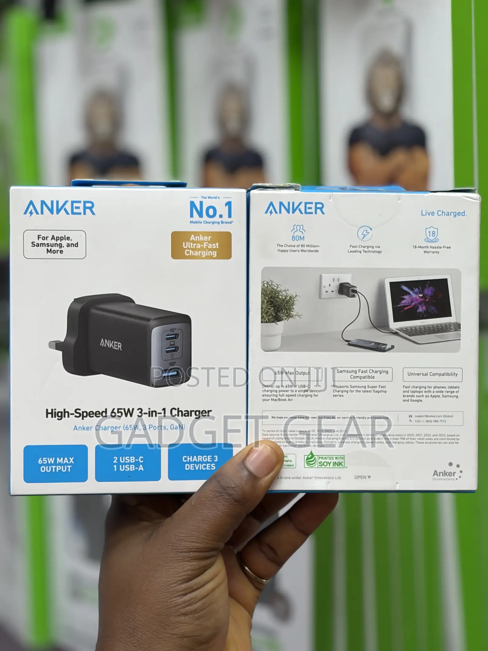 Original Anker 65w 3-in-1 Fast Charger (2 Usb-C + 1 Usb-A) Gan Charger