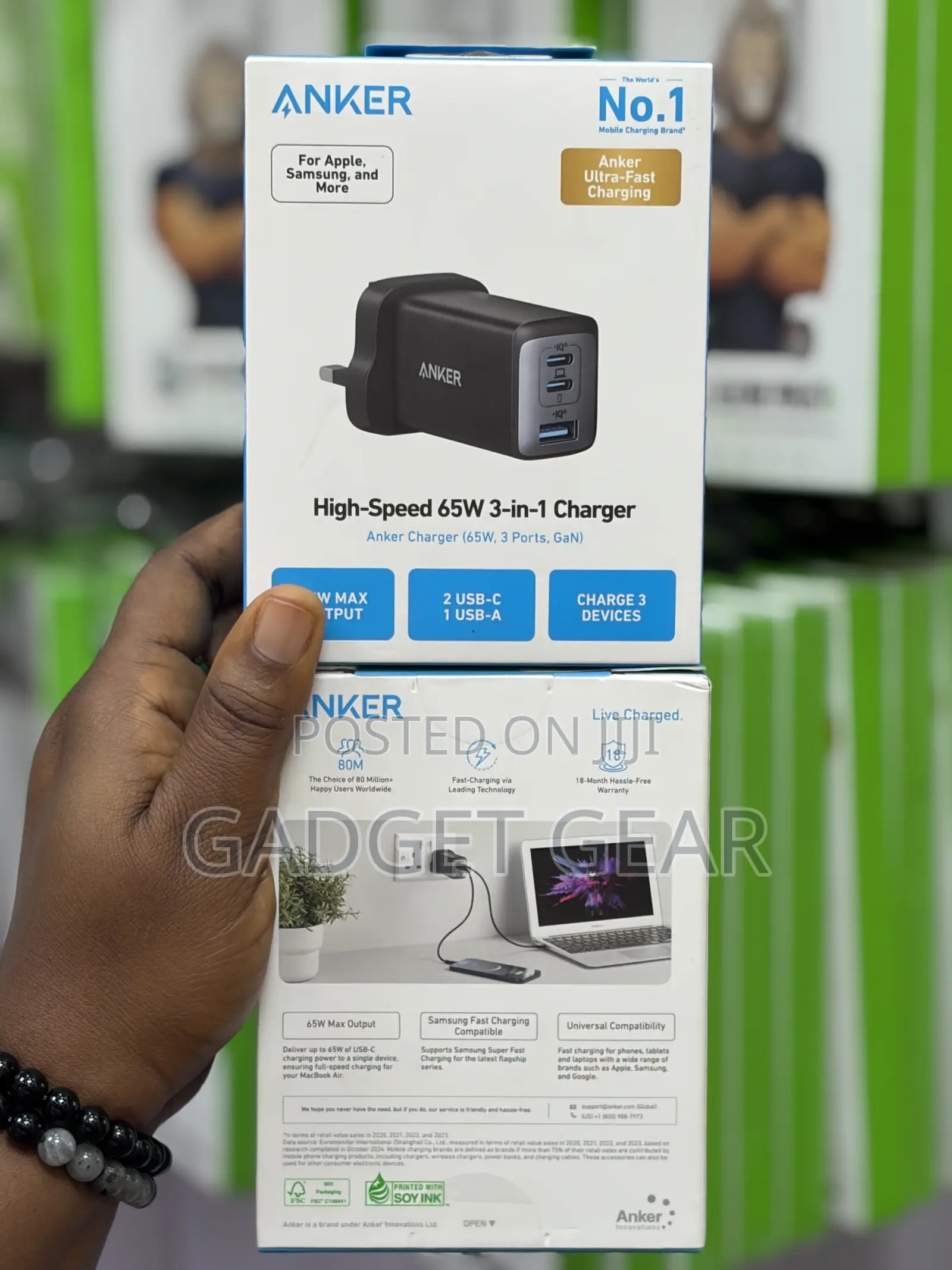 Original Anker 65w 3-in-1 Fast Charger (2 Usb-C + 1 Usb-A) Gan Charger