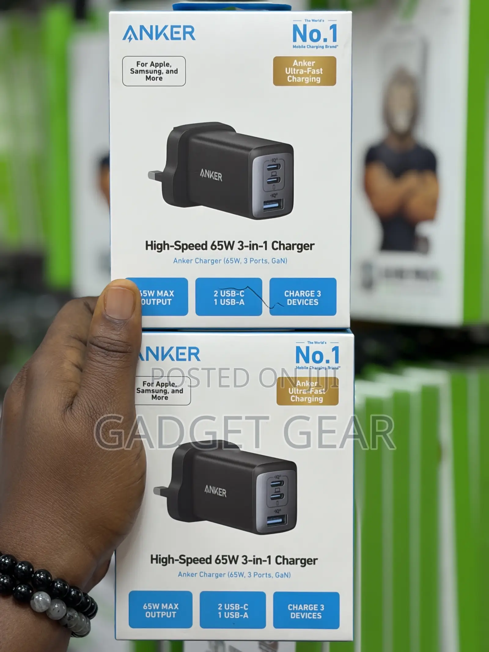 Original Anker 65w 3-in-1 Fast Charger (2 Usb-C + 1 Usb-A) Gan Charger