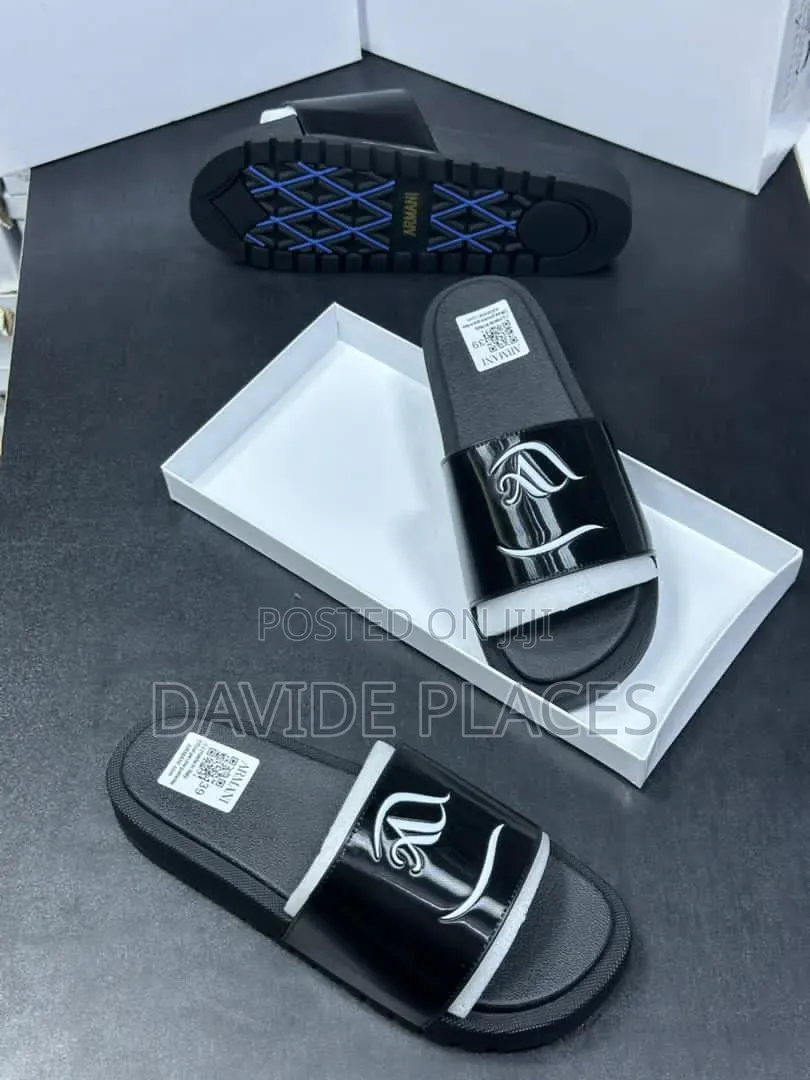 Quality Original Armani Leather Unisex Slide Black